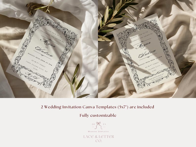 May include: Two wedding invitation templates (5x7 inches) with floral border designs. The invitations feature the names "Megan" and "Andrew" and event details. The background is a neutral color with greenery accents.
