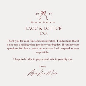 May include: A cream-colored wedding template from Lace & Letter Co. features a burgundy bow graphic and text. The text includes a thank you message, a signature, and the company name. The design is simple and elegant.