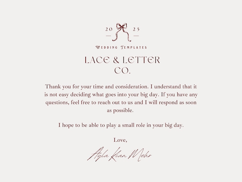 May include: A cream-colored wedding template from Lace & Letter Co. features a burgundy bow graphic and text. The text includes a thank you message, a signature, and the company name. The design is simple and elegant.