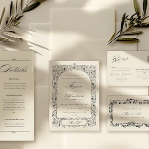 May include: A set of wedding stationery on a cream background. The suite includes an invitation, RSVP card, details card, and a card requesting RSVP by March 14th. The invitation features the names "Megan and Andrew" and floral border designs.