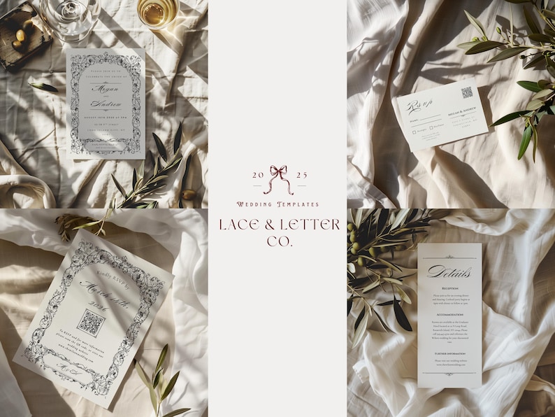 Vintage Wedding Invitation Template Set Editable Canva Suite (digital