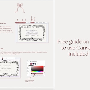 May include: A guide on how to use Canva is included. The image shows a step-by-step guide to customize text and change colors for wedding invitations. The guide includes a color palette and HEX code input.