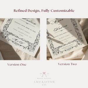 May include: Two wedding invitation designs with elegant script and floral border details. The invitations are cream-colored with black text, featuring names, dates, and locations. The text "Refined Design, Fully Customizable" is at the top.