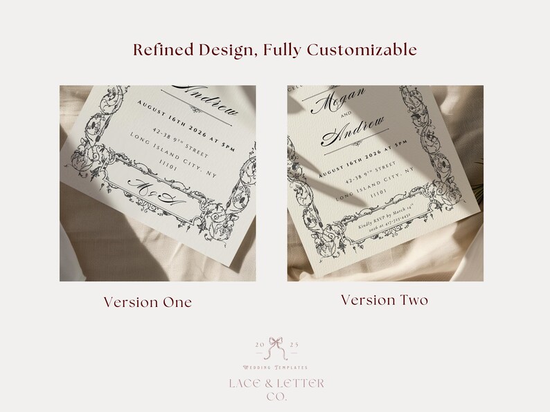 May include: Two wedding invitation designs with elegant script and floral border details. The invitations are cream-colored with black text, featuring names, dates, and locations. The text "Refined Design, Fully Customizable" is at the top.