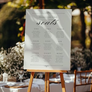 Puede incluir: Un plano de asientos blanco con caligrafía elegante, exhibido en un caballete de madera. El gráfico dice "Please Find Your Seats" y enumera nombres bajo los números del uno al nueve. El fondo está borroso con vegetación.