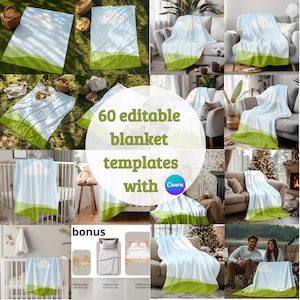 May include: A selection of blankets with a sky and landscape design. The blankets feature a blue sky with a white cloud and a green landscape. The image includes text that reads "60 editable blanket templates with Canva."