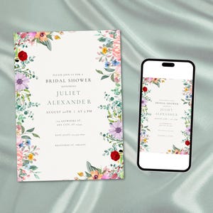 Uitnodiging vrijgezellenfeest, uitnodiging voor bruiloft met wilde bloemen, uitnodiging voor bruiloft, bloemen vrijgezellenfeest uitnodigingssjabloon