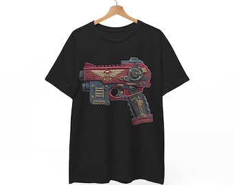 Ornate Red Bolter warhammer 40k 40,00 imperium imperial Pistol Tee | Steampunk Gun Illustration, Mechanical Weapon embroidery patch style