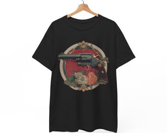 Vintage Revolver Floral Tee | Retro Gun & Roses Graphic Shirt guns cool gift .45 .38 .357 .44 lc
