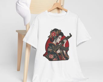Geisha with Rifle ak 47 AK47 gun guns girl woman women embroidery patch style anime manga T-Shirt | Japanese Warrior Art, Floral Kimono Tee