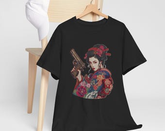 Geisha with Gun 1911 pistol 2011 9mm .45 gun guns girl woman women T-Shirt | Floral Kimono Illustration embroidery patch Style anime manga