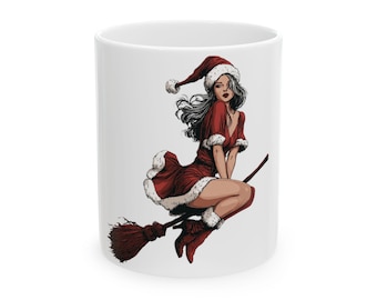 Santa Witch Pinup on Broom Mug | Christmas Ceramic Mug christmas woman women claus coffee tea