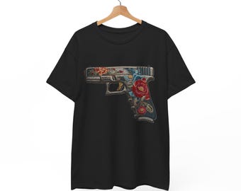 Floral Pistol guns roses rose Glock 17 19 23 40 45 Tee Embroidery patch style | Gun with Rose Illustration, Black Graphic Shirt