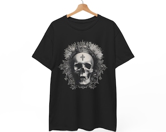 Inverted Cross Skull Tee | Gothic Skull Floral Design, Dark Metal Shirt goth t shirt cool gift