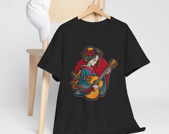 Geisha Playing Guitar japanese woman women embroidery style T-Shirt | Japanese Music Illustration