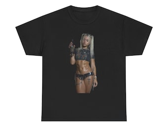 Tattooed Punk Goth Girl with whiskey bottle liquor attractive fit muscular woman women  Graphic Tee | Black Cropped Top Illustration