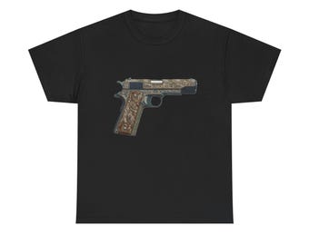Engraved Vintage 1911 9mm .45 Pistol t shirt floral embroidery patch style gun guns handgun Tee | Gun Illustration Shirt