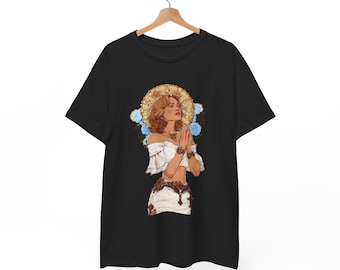 Praying Woman holy women aura the light anime manga sanctified girl roses love beautiful Illustration Tee | Haloed Portrait, Floral Accents