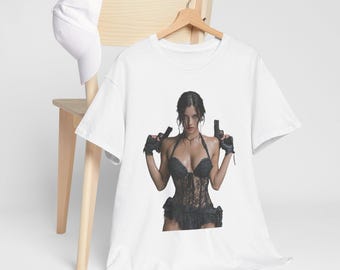 Assassin Goth Girl with Guns 1911 glocks hand guns women gothic Woman T-Shirt | Femme Fatale Gun Art, Dark Glamour Tee