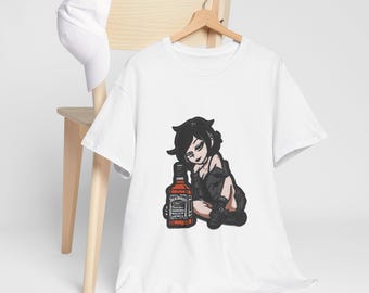 ley ley ashley with Whiskey Bottle Tee shirt T Graves Jack Daniels goth girl woman embroidery style| Dark Cute Illustration