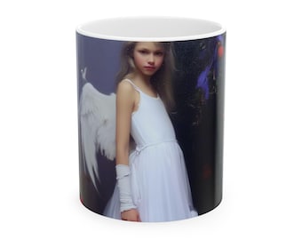 Taza con ilustración de ángel niña / Taza de cerámica para café, té, querubín, regalo navideño genial