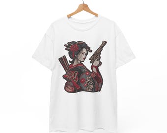Geisha Guns girl woman women revolver .38 .357 .44 .45 long colt embroidery patch style anime manga T-Shirt | Japanese Femme Fatale Kimono