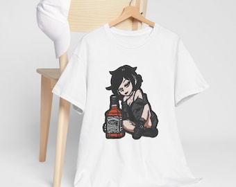 Goth Girl Ley Ley Ashley with Whiskey Bottle graves woman women anime manga embroidery patch style t shirt Tee | Dark Cute Illustration Edgy