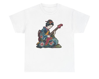 Geisha Playing Shamisen guitar japanese woman women jamming T-Shirt | Japanese Music Art Tee embroidery patch style