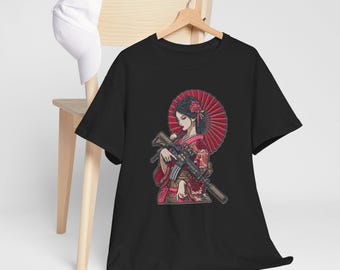 Geisha with Rifle ar15 AR 15 gun guns .223 .556 girl woman women T-Shirt | Samurai Umbrella Illustration embroidery style anime manga