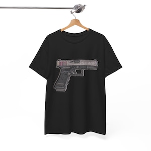 Handgun Illustration Glock pistol gun 19 17 23 40 45 embroidery patch style Tee | Pistol Graphic T-Shirt, Firearm Outline Design