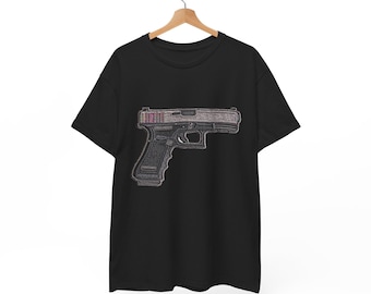 Handgun Illustration Glock pistol gun 19 17 23 40 45 embroidery patch style Tee | Pistol Graphic T-Shirt, Firearm Outline Design