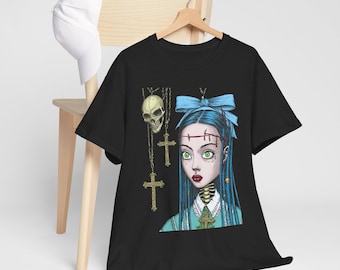 Gothic Doll Portrait Tee | Blue Bow, Skull and Cross Necklace t shirt goth