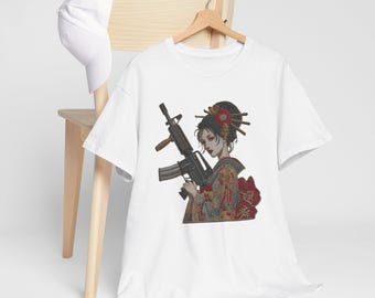 Geisha ar15 ar 15 gun rifle Japanese woman girl women Warrior holding Rifle Tee | Japanese Embroidery patch Style Shirt