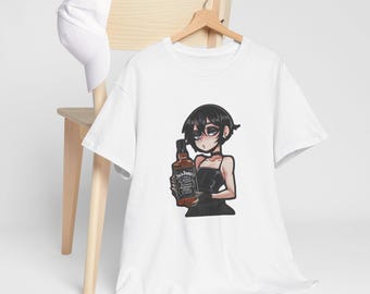 Anime goth girl holding jack daniels whiskey bottle woman women manga cuteT-Shirt | chibi goth character tee