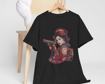 Geisha with 1911 Pistol 9mm .45 gun guns embroidery patch style T-Shirt | Vintage Floral Kimono Illustration