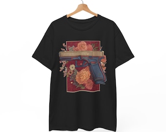 Floral Pistol Tee | Gun and Flowers Graphic Shirt, Vintage Style gun guns t shirt cool gift glock 19 17 45 40 43