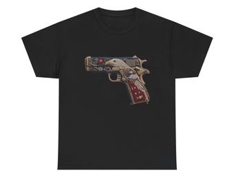 Floral Engraved 1911 Pistol gun guns 9mm .45 eagle rose embroidery patch style t shirt Tee | Decorative Handgun Illustration