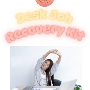 Può includere: Immagine promozionale per un "Desk Job Recovery Kit" che mostra una donna che si allunga a una scrivania con un laptop e un blocco note. Il testo "Desk Job Recovery Kit" è in un font a bolle. L'immagine include il logo di Balanced Bliss Therapeutic Massage.
