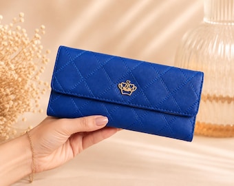 Luna de Sapphire Wallet, Blue Quilted Women’s Wallet with Gold Crown, Elegant Long Wallet, New Gift for Her