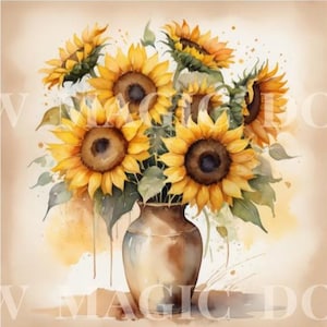Puede incluir: Pintura a la acuarela de un ramo de girasoles en un jarrón. Los girasoles tienen pétalos de color amarillo brillante y centros de color marrón oscuro. El jarrón es de color marrón claro y el fondo es beige suave.