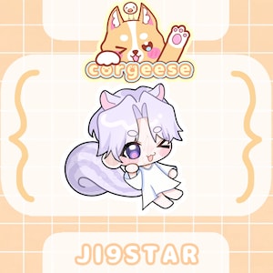 May include: A digital illustration with a cartoon corgi dog waving and an anime-style character with white hair and purple eyes. The text "corgeese" and "JI9STAR" are present. The background is a light orange colour with a grid pattern.