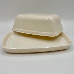 Vintage Arcopal France Milk White Glass 7.25” Butter Dish & Lid with Scallop Swirl