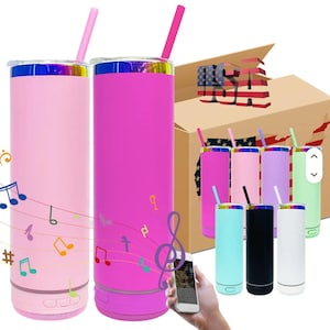 May include: A collection of colorful, insulated tumblers with straws. The tumblers come in various colors, including pink, purple, blue, black, and white. Each tumbler has a speaker at the base and a lid with a straw. Musical notes are illustrated around the tumblers.