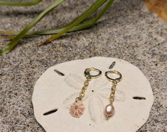 Nami Bare Tide – kolczyki z muszli i pereł w kolorze złota, niepasujące do siebie – Coastal Ocean Dainty Hoops