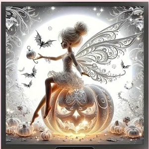 May include: A grayscale illustration of a fairy sitting on a carved pumpkin. The fairy has white hair and wings, and is wearing a white dress. Bats and smaller pumpkins surround the fairy and the large pumpkin.