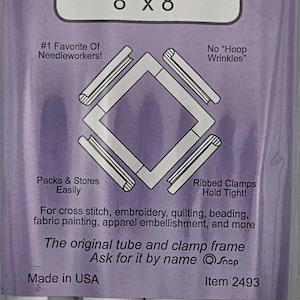 May include: A purple package for a Q-Snap needlework frame, measuring 8" x 8". The package includes text that says "Needlework Frame", "#1 Favorite Of Needleworkers!", and "The original tube and clamp frame".