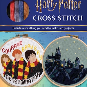 May include: A Harry Potter cross-stitch kit featuring two circular projects. One shows the Hogwarts castle, the other features the characters with the words "Courage, Brave, Determination." Includes floss in various colors and the text "Instructions to Make 12 Projects Inspired by the Films."