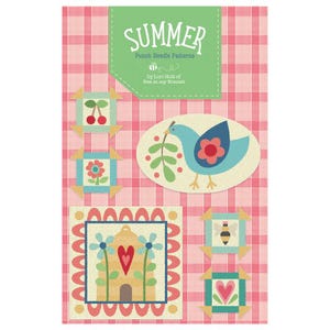 May include: A fabric panel with a pink gingham background features a green label with the word "SUMMER" and various punch needle patterns. Designs include a blue bird, cherries, flowers, a bee, and a heart-shaped house.