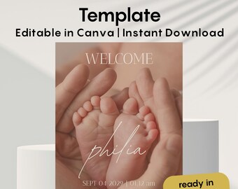 Baby Announcement Template Canva, Birth Announcement Editable, Minimalist Newborn Card, WhatsApp Baby Announcement, Neutral Baby Template