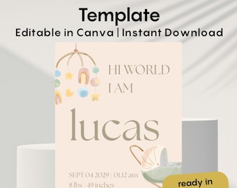 Baby Announcement Template Canva Boy – Birth Announcement Card, Minimalist Newborn Template, Editable, Instant Download WhatsApp